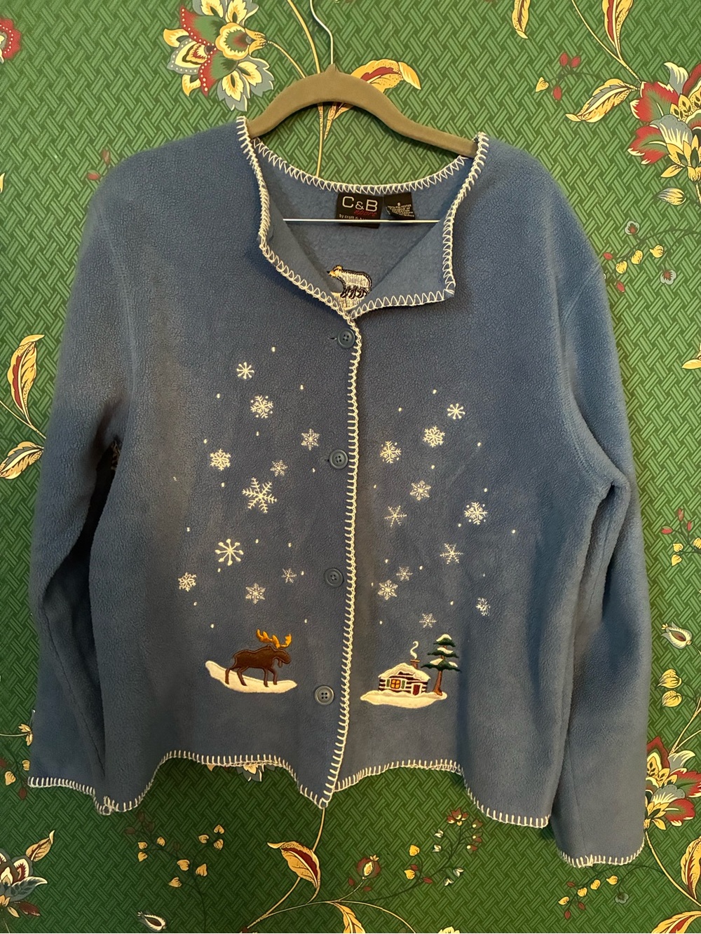 croft & barrow Blue Fleece Cardigan with Winter Embroidery